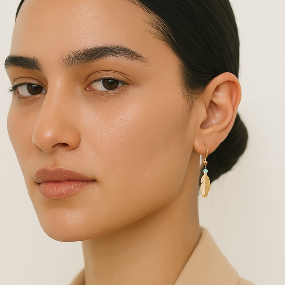 Native American Artisan Made Gold Filled Feather & Bead Dangle Drop Earrings - Picture 2 of 7